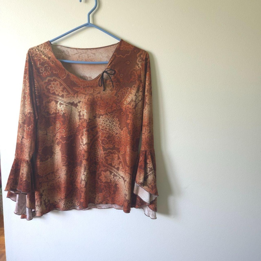 Vintage Y2K Whimsigoth Paisley Bell Sleeve Top | Earthy Boho Shimmer Blouse